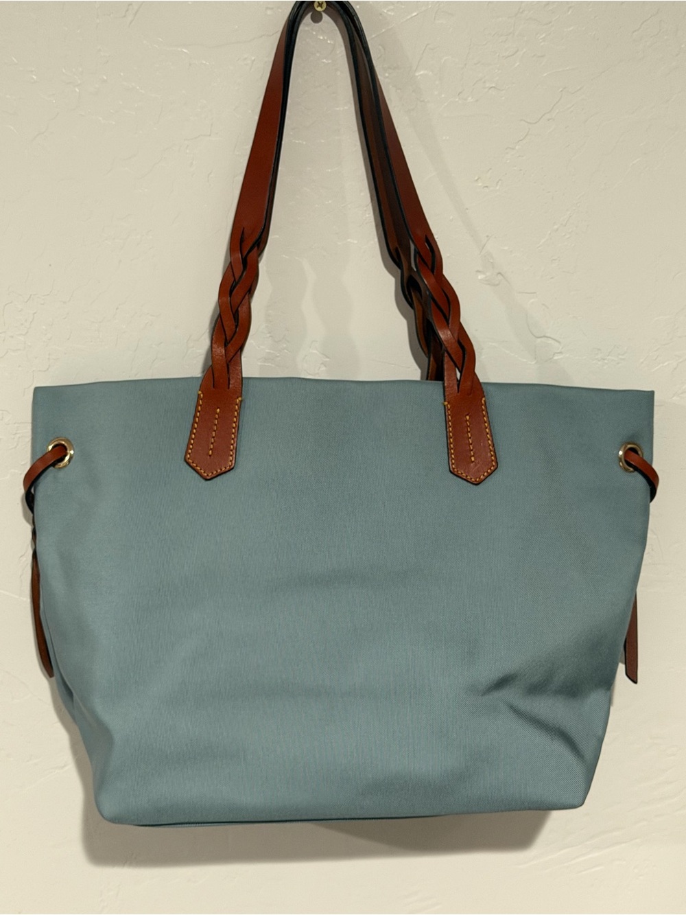 Dooney & Bourke Blue Nylon Tote Bag Braided Leather Straps Red Lining Large - Picture 5 of 13